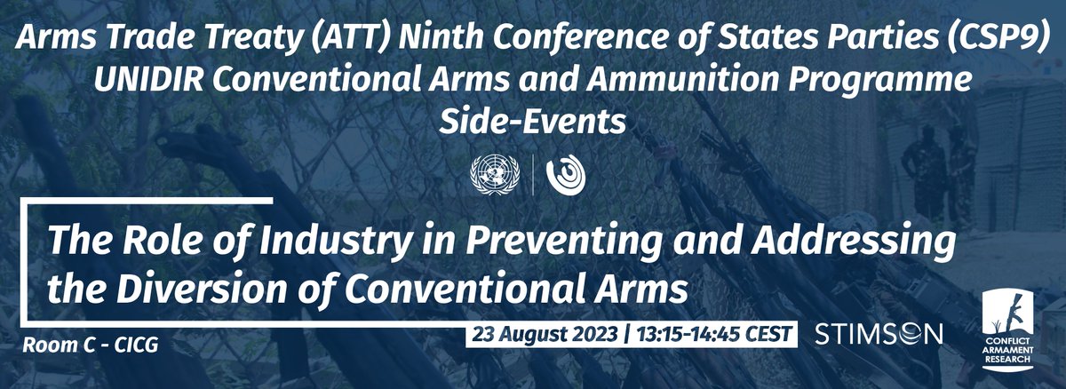📢 At #ATTCSP9, UNIDIR, <a href="/conflictarm/">CAR</a> &amp; <a href="/StimsonCenter/">Stimson Center</a> will host a side event discussing Industry &amp; other Private sector's vital role in ATT implementation, particularly arms diversion.

🗓️ 23 August 2023
⏰ 13:15-14:45 CEST
📍 Room C, CICG, Geneva

🔗 unidir.org/ATT-CSP9-caap