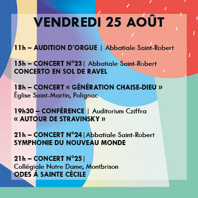 Fest_ChaiseDieu's tweet photo. [Le programme de demain !] VENDREDI 25 AOÛT

#hauteloire #festivalmusiqueclassique #musique #festivalmusique #festivaldelachaisedieu #LaChaiseDieu #regionfrancaise #notrebelleregion #activités #lachaisedieu #concertclassique https://t.co/43dpp8JFFI
