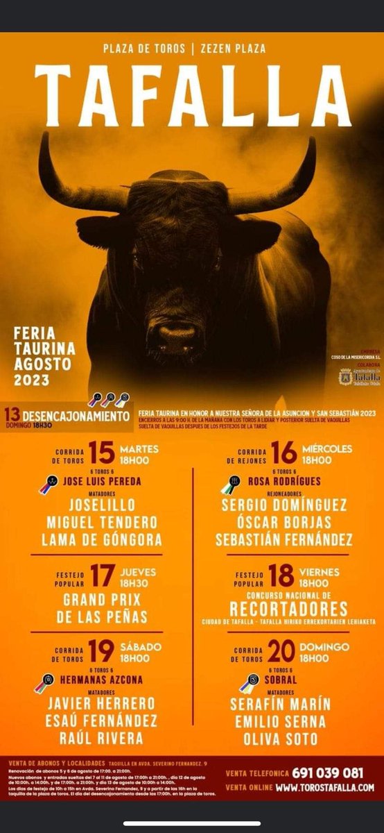 Tafalla (Navarra) hoy primera  de Feria con Toros de José Luis <a href="/PeredaDehesilla/">Pereda-La Dehesilla</a> para <a href="/Joselillo_ofici/">Prensa Joselillo</a>, <a href="/MiguelTend/">Miguel Tendero</a> Tendero y <a href="/LamadeGongora/">Lama de Góngora</a> <a href="/portaltaurino/">Portal Taurino</a>