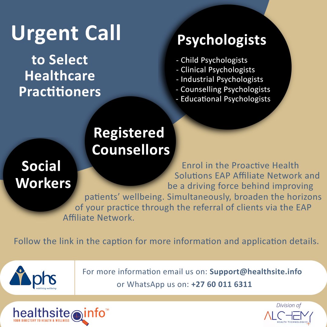 Attention Psychologists, Registered Counsellors, and Social Workers! 📢 Join our EAP Affiliate Network. Kindly follow the link for more information and application details. [ healthsite.info/link/article?n… ] #healthcarepractitioners #EAP #Network #alchemyhealth #healthsite.info