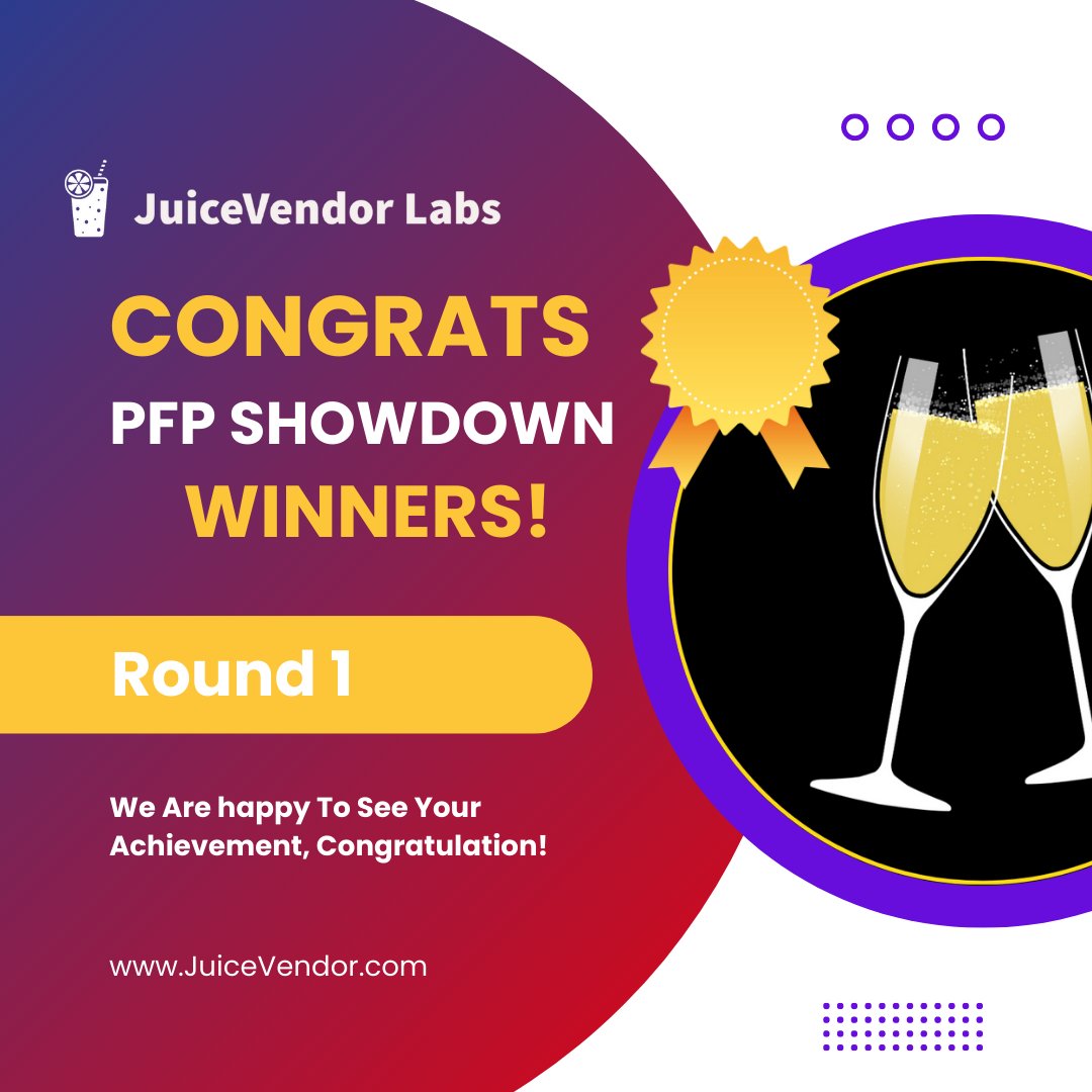 JuiceVendor's tweet photo. 🏆Round 1 : Congrats Winners!
🥇@DoubleL7777
🥈@SoulDogsCity
🥉 @EtaLabsFoxes & @DGENZnft (Tie)
Top 3⃣ Participants From Each Winning Project Will Get A Free NFT Prize (Winners: TBA)
🚨All Winning Projects Will Compete In the Final Round For Grand-Prizes Next Week 🥳
🥇$250 USD Sweep For Winning Project
🥈$100 USD For 2nd Place
🥉 $50 USD For 3rd Place