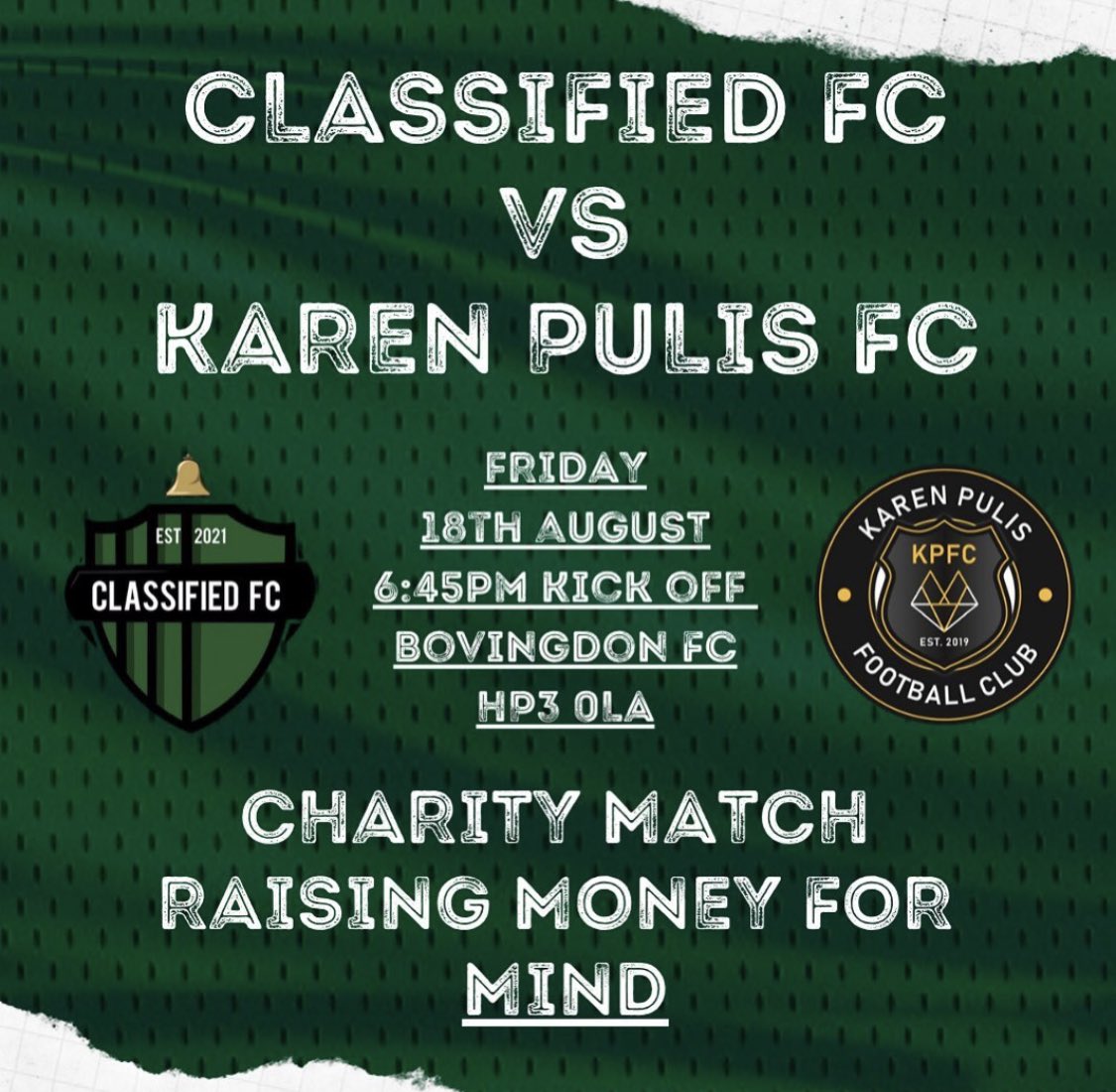 Come down and watch what will be an entertaining game of Classified against Karen Pulis. Raising money for mind. Pots on the day or you can donate now using the link. justgiving.com/page/classifie… #UTSC 💚