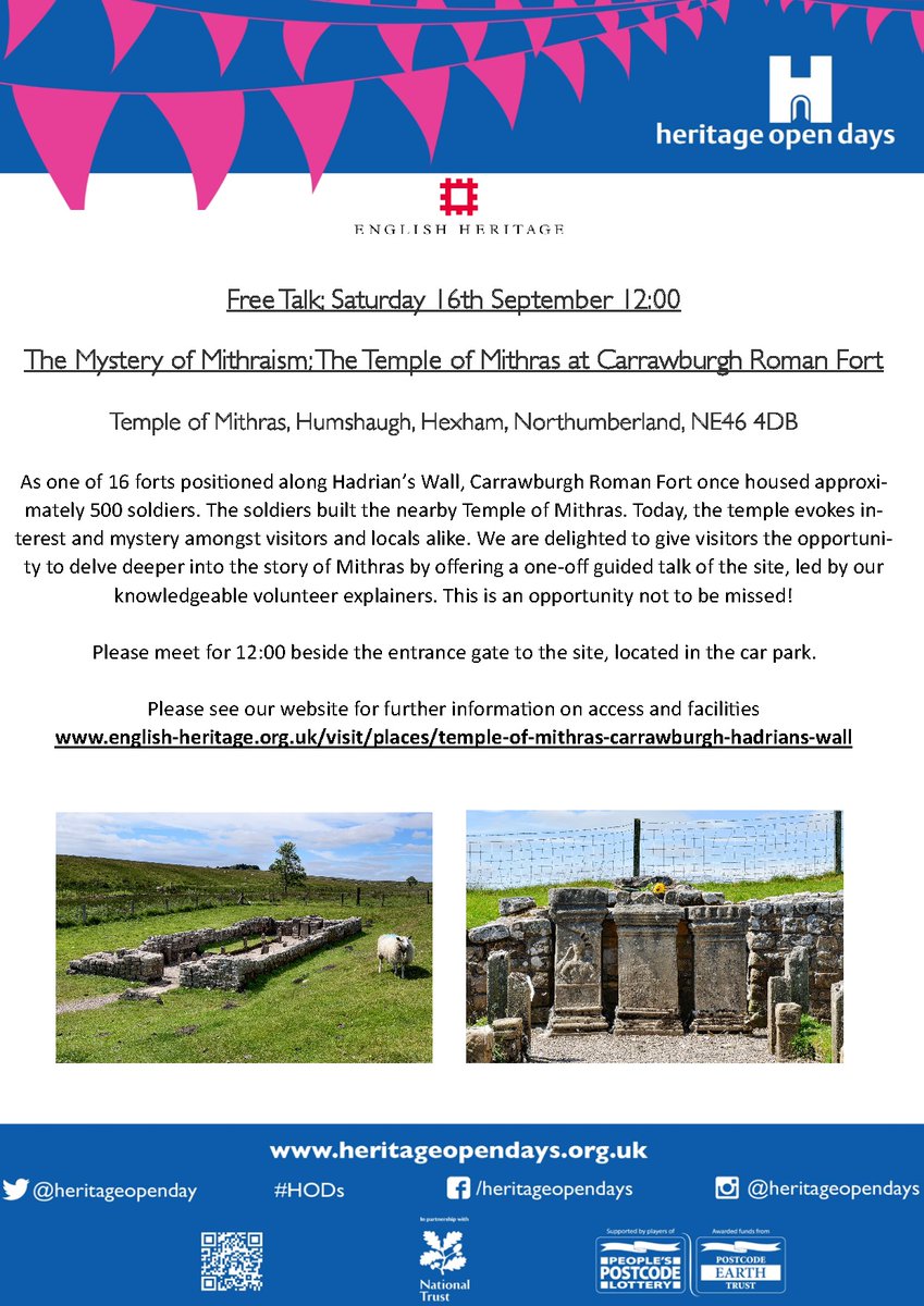At 12pm on Sat 16th Sept the lovely <a href="/EnglishHeritage/">English Heritage</a> volunteers Penny, Rosalind and Rose will be giving a free talk about Mithras at the Carrawburgh Mithraeum. May or may not feature bonus sheep wandering around...