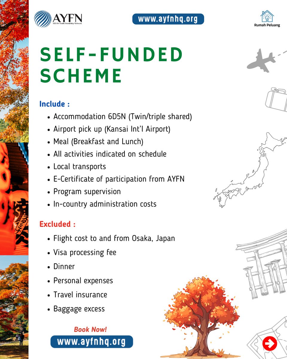 rumahpeluang's tweet photo. Callion out to Japan fans! Yuk kita jalan-jalan sekaligus belajar mengenai Japanese culture di musim gugur tahun ini! Kapan lagi jalan-jalan keluar negeri dengan harga yang affordable + dapat networking internasional! Kepoin informasinya disini ya https://t.co/lVbOimtTMW https://t.co/D57ijszrBi