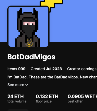 BatDadMigos is the embodiment of what makes NFT's cool. No overblown promises, no liquidity drains, no shady paid-influenc0r shills, no VC funding for nonsense.

Isn't it amazing what can happen when leaders don't try to put money first.

Well done <a href="/realbatdad/">BatDad</a> 🤝