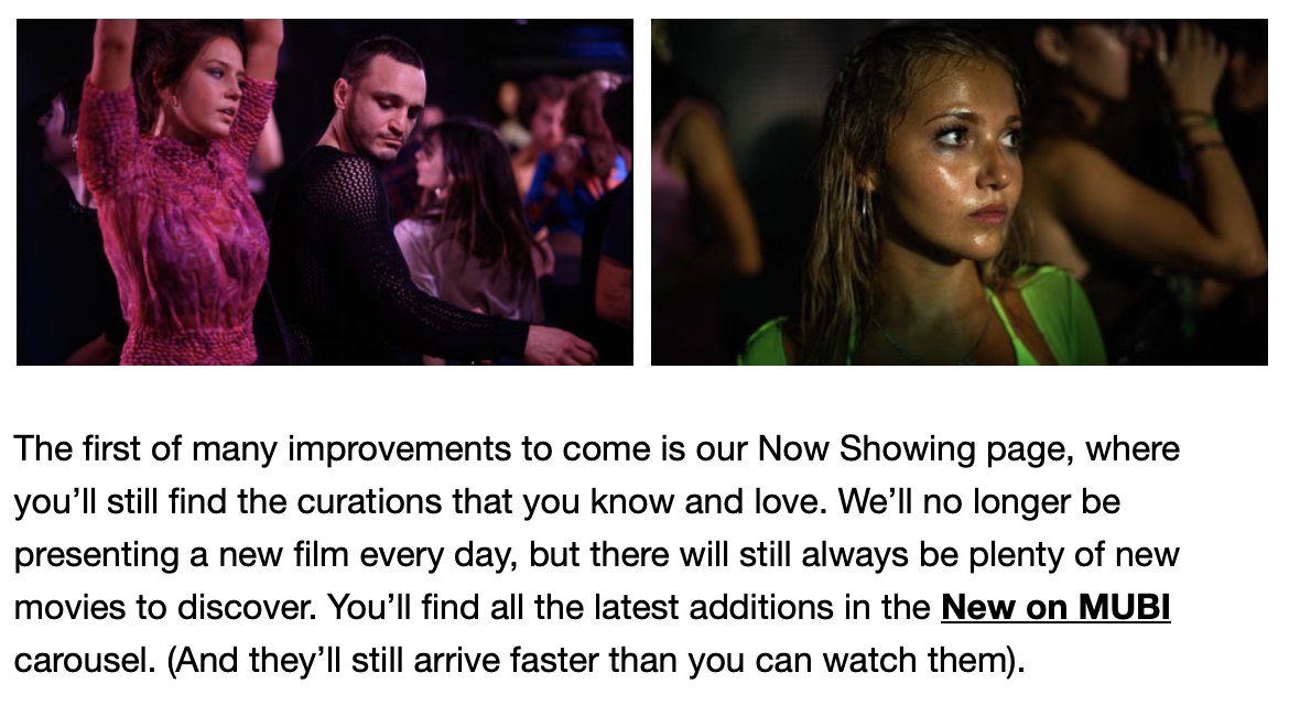 esmesayss's tweet image. MUBI will no longer be releasing a movie every day and honestly: its about time. It was a system from another time that only held them back and made the site hard to navigate. Now they just need to organise what they have into something other than super-broad 500 film categories.