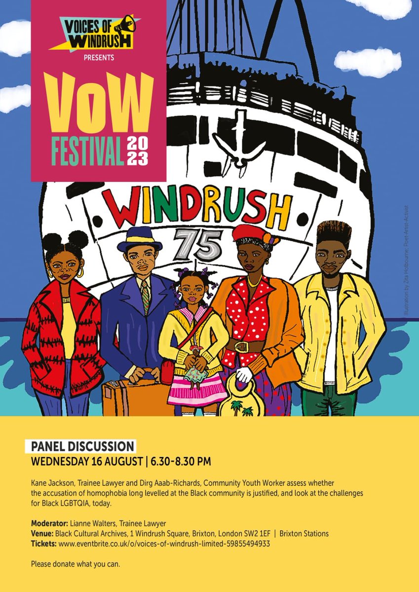 Just when you thought the Voices of Windrush had died down, we have another amazing event for you at the Black Cultural Archives tomorrow, 6.30pm Wednesday 16th August.  The panel will examine challenges to the Black LGBTQI+ community today. 
#VoWFest2023 #VoicesofWindrush