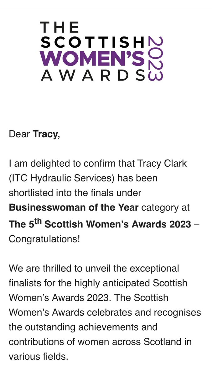 Tracy Clark (@tracy3011) on Twitter photo After winning Business Woman of the year twice last year.  I am delighted to have been shortlisted again this year.  See hard work and dedication to what you do does pay off.  ππ»ββοΈ
<a href="/ITC_Hyd_Man/">ITC Hydraulics & Manufacturing Ltd</a> 
#awards #businesswoman #workhard After winning Business Woman of the year twice last year.  I am delighted to have been shortlisted again this year.  See hard work and dedication to what you do does pay off.  ππ»ββοΈ
<a href="/ITC_Hyd_Man/">ITC Hydraulics & Manufacturing Ltd</a> 
#awards #businesswoman #workhard
