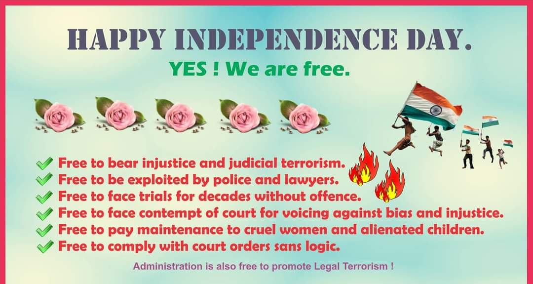 atalahirwar's tweet photo. Really we are free in India.

#Masculinist , #Suicide , #Husbands , #India , #Antifeminism , #Antifeminist ,#MRA , #MGTOW , #MRM , #Murder , #Women , #Men , #Family , #Patriarchy , #Adultery , #IPC497 , #IPC498 , #Court , #304B , #Dowry , #DV , #familycourts , #judiciary , #IndependenceDay  , #15thAugust
