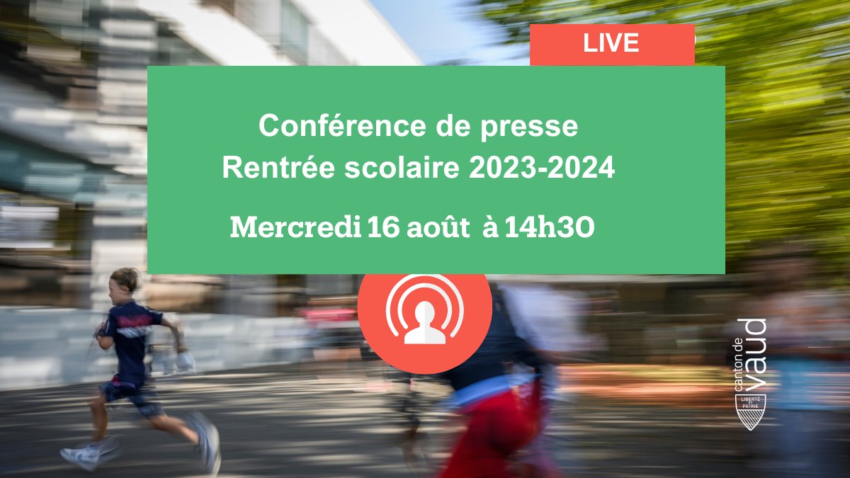 [🎒 Rentrée scolaire 2023-2024 ] Conférence de presse à suivre en direct de l'Aula des Cèdres de la Haute École Pédagogique vaudoise.
Avec Frédéric Borloz, Cédric Blanc, Lionel Eperon et Jérémie Leuthold.
🔴 A voir sur vd.ch/rentree-scolai…
