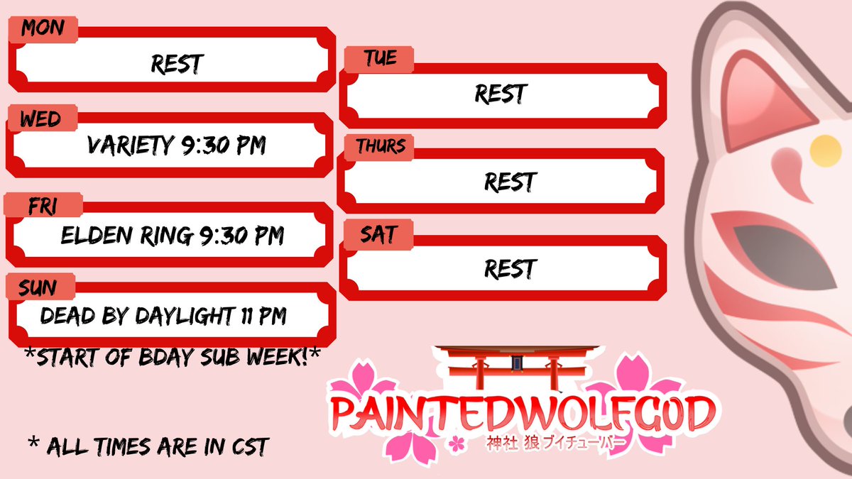 Revised schedule cuz work gave me an updated schedule. But Sunday shall begin the scuffathon! Let's party 🥳