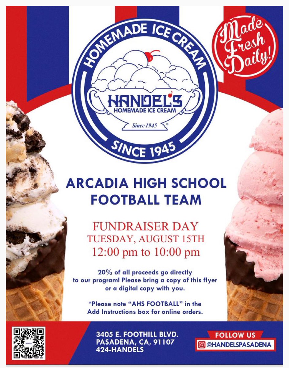 Come out and support our Apache football program at Handel’s tomorrow (Aug 15) All you need to do is show the digital flyer. It is going to be a hot one so it is a perfect day for ice cream☀️☀️☀️<a href="/RyanPForan/">Ryan Foran</a> <a href="/Amber_PR_Info/">Amber Muños (Nuuvali)</a> <a href="/ArcadiaUnified/">Arcadia Unified</a> <a href="/ArcadiaChamber/">ArcadiaCaChamber</a> <a href="/ApacheBoosters/">Arcadia HS Apache Athletics</a>