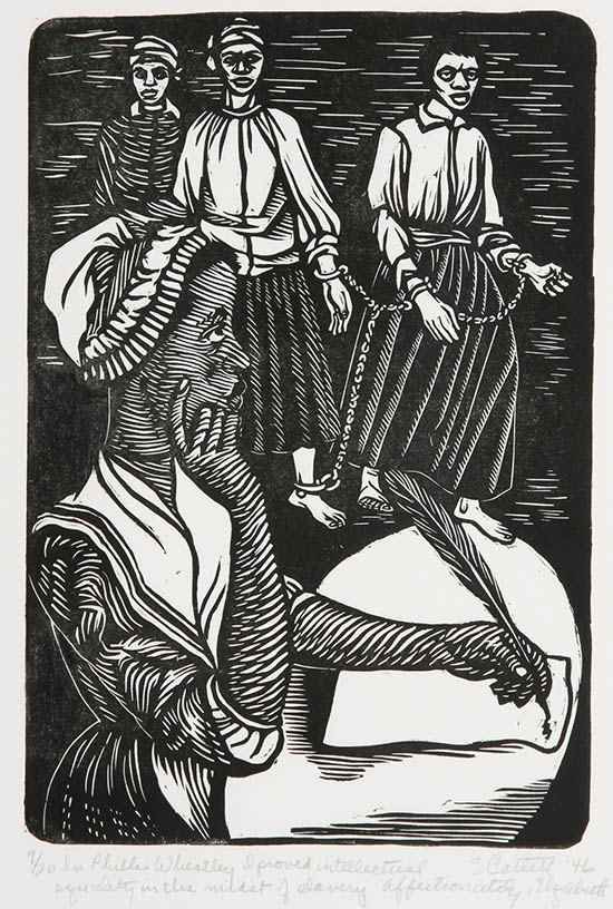 DAILY ART FACT: US artist Elizabeth Catlett's 1946 print honours Phyllis Wheatley (1753-1784), who was sold into slavery at the age of seven and later became the first published African-American female poet.