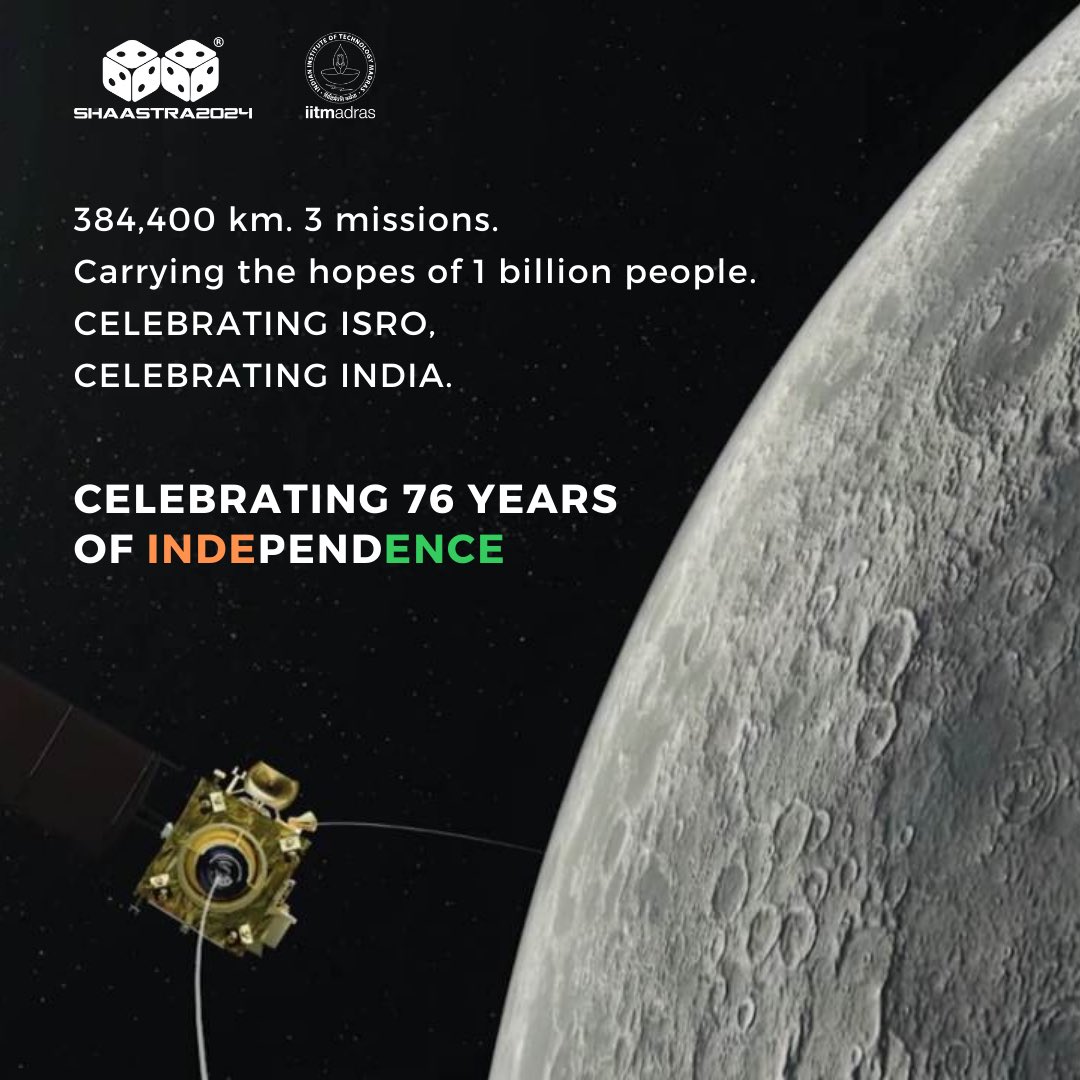 Shaastra - IIT Madras (@shaastraiitm) on Twitter photo The journey beyond our planet's realm mirrors the journey to independence– filled with challenges, fueled by dreams, and driven by a will to succeed. 
Honoring the nation's spirit of exploration with Chandrayaan's journey to the moon 🇮🇳
<a href="/isro/">ISRO</a> #15august2023 #IndependenceDayIndia The journey beyond our planet's realm mirrors the journey to independence– filled with challenges, fueled by dreams, and driven by a will to succeed. 
Honoring the nation's spirit of exploration with Chandrayaan's journey to the moon 🇮🇳
<a href="/isro/">ISRO</a> #15august2023 #IndependenceDayIndia