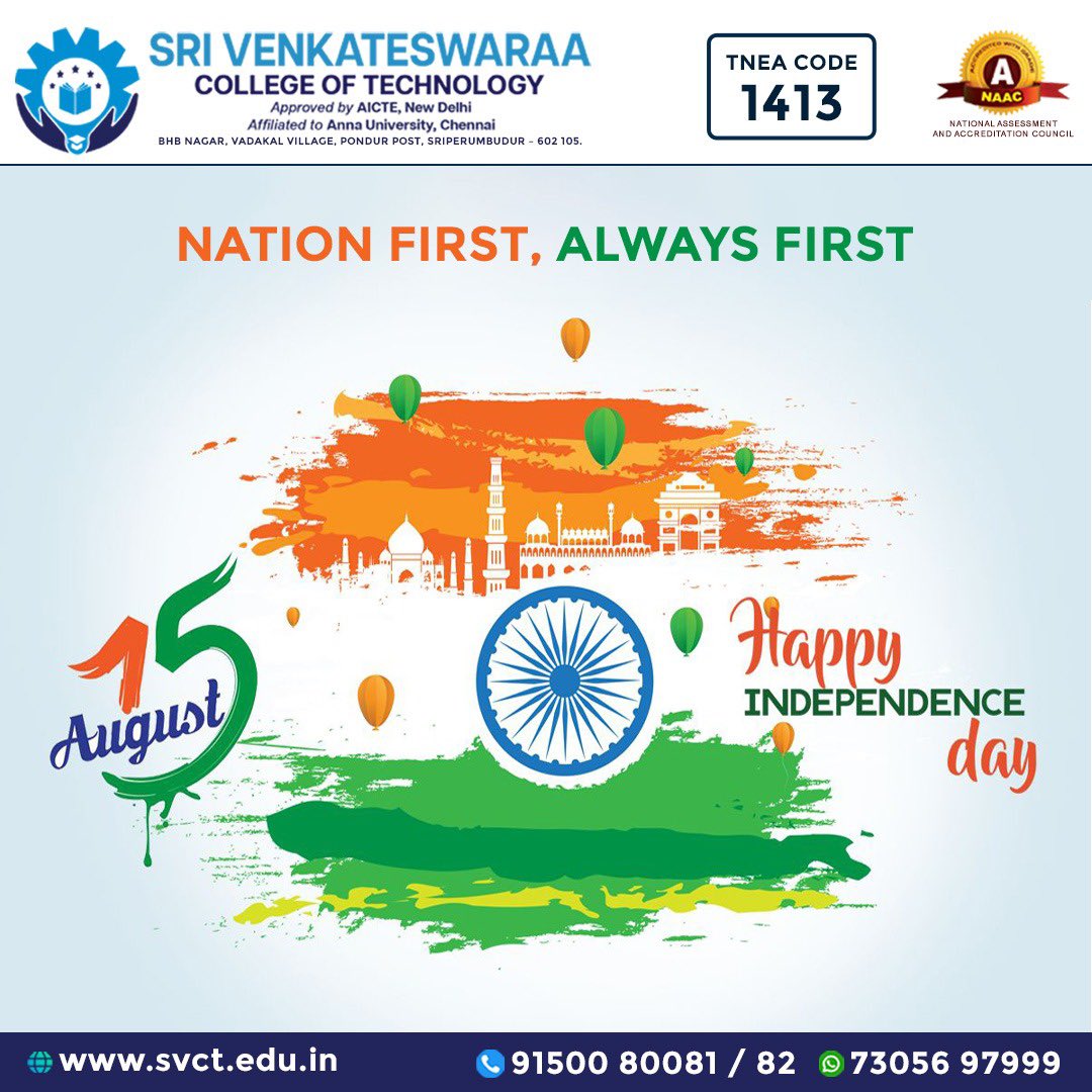 seenuh83's tweet photo. #BestEngineeringCollege #chennai #engineering #engineeringcollege #chennaicollege #bestcollege #TopEngineeringColleges Sri Venkateswaraa College of Technology - SVCT Happy Independence Day #JaiHind https://t.co/RG5krTezIv