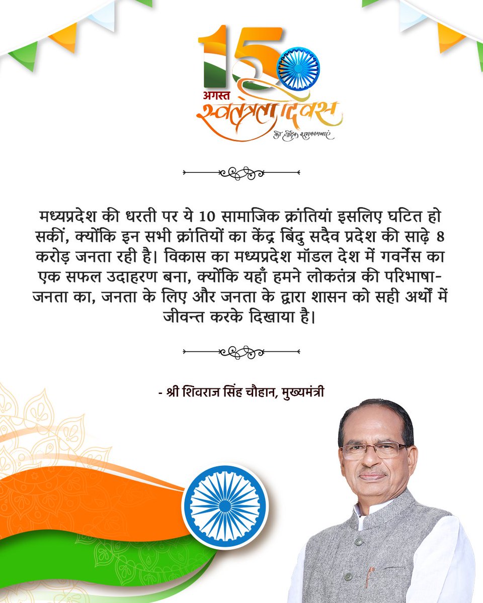 मध्‍यप्रदेश की धरती पर ये 10सामाजिक क्रांतियां इसलिए घटित हो सकीं, क्‍योंकि इन सभी क्रांतियों का केंद्र बिंदु सदैव प्रदेश की साढ़े 8 करोड़ जनता रही है। विकास का मध्‍यप्रदेश मॉडल देश में गवर्नेंस का एक सफल उदाहरण बना, क्‍योंकि यहाँ हमने लोकतंत्र की परिभाषा- जनता का, जनता के लिए और