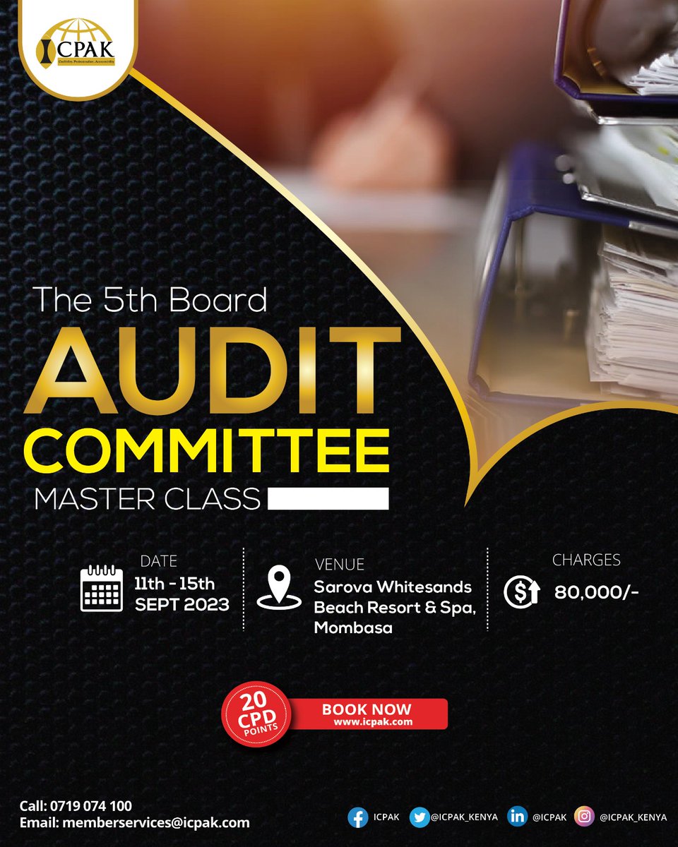 ICPAK_Kenya's tweet photo. Gain knowledge from some of the best in the industry. Be part of the 5th Board Audit Committee Masterclass and stay on top of the audit game. Register now: https://t.co/Yl4DCq2nd9
#ICPAKEvents #BoardMasterclass #Audit https://t.co/1xyddBldw6