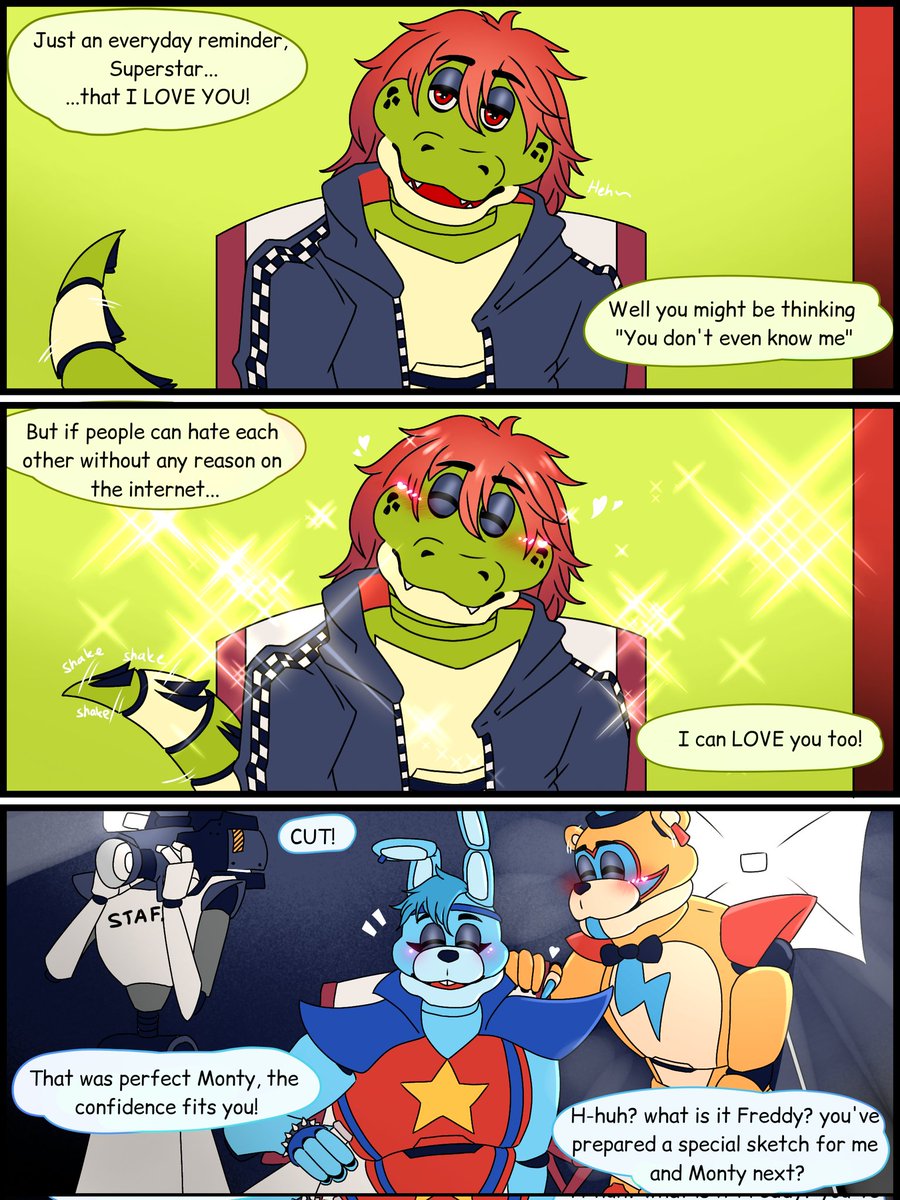 AnasApprentice3's tweet photo. How did that shy loner gator become a narcisstic playboy? Bonnie probably taught him a thing or two👀

#fnaf #FNAFRuin #fnafsecuritybreach
#GlamrockFreddy #GlamrockBonnie #montgomerygator #MontyXBonnie https://t.co/sUZWUI7nWu