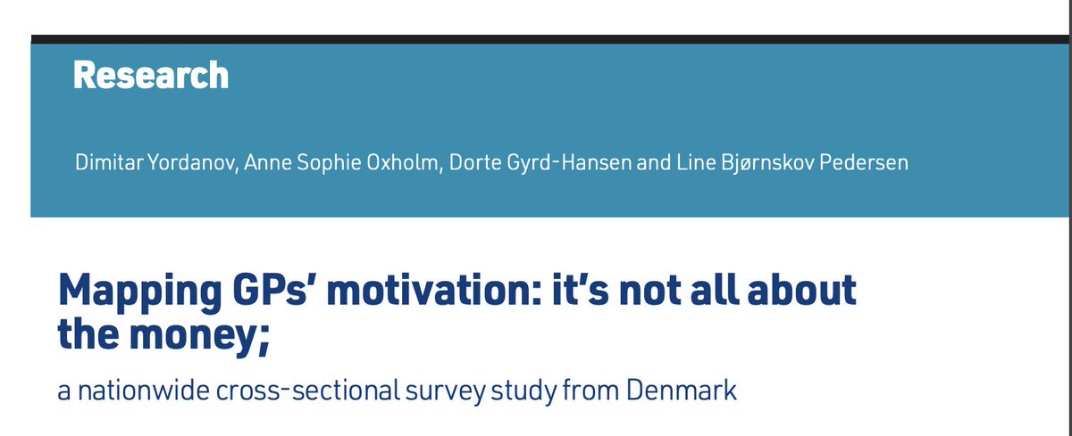 New pub by <a href="/dimi_yordanov/">Dimitar Yordanov</a> <a href="/asoxholm/">Anne Sophie Oxholm</a> <a href="/DorteGyrd/">Dorte Gyrd-Hansen</a> <a href="/linebjoernskov/">Line B. Pedersen</a> (<a href="/DaCHE_SDU/">DaCHE</a>) in <a href="/BJGPjournal/">The British Journal of General Practice</a> shows that GPs are not only motivated by money... Read paper: doi.org/10.3399/BJGP.2…. Listen to podcast: bjgplife.com/131. Watch 1-minute video: youtu.be/bXEo31K4nxQ