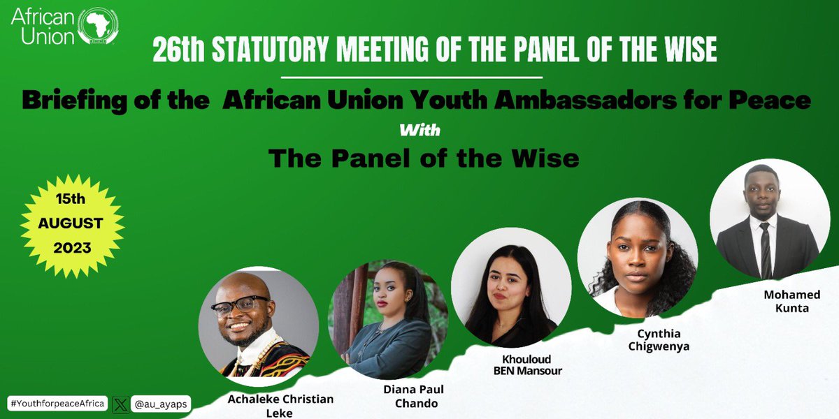 The #AYAPs will brief the AU Panel of the Wise during the 26th Statutory Meeting. Today, they will represent the different regional challenges concerning the #YPS agenda and more. Stay tuned for more updates. #YouthforPeaceAfrica #PoW