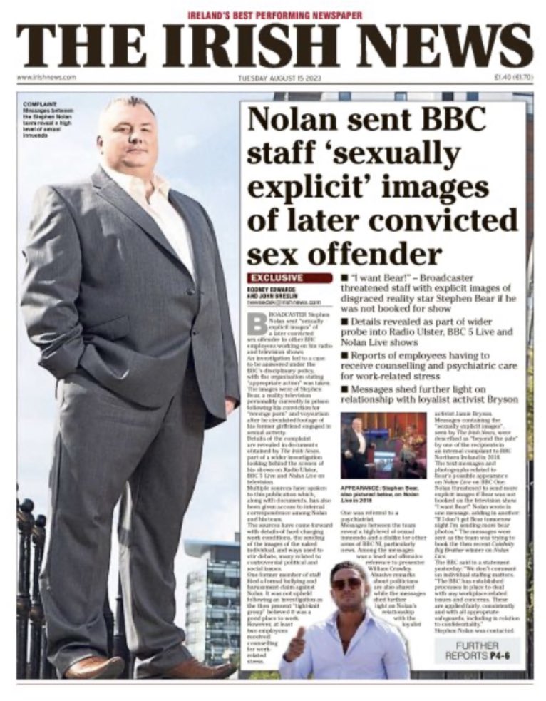 My exclusive investigation into Stephen Nolan in today’s Irish News: ▪️ He sent BBC staff ‘sexually explicit’ images of later convicted sex offender ▪️Show environment led to two BBC staff requiring counselling ▪️Internal messages that shed light on relationship with loyalist