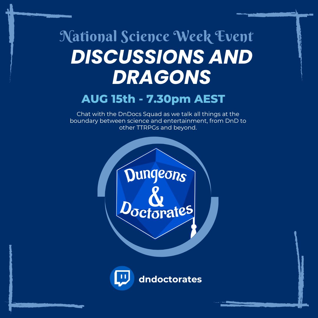 DnDoctorates's tweet photo. We started back in 2020 during National Science Week, and we're back for a Q&amp;A session for National Science Week 2023!!!

Join the core cast for a chat about all things at the edge of Science and #TTRPG and Pop Culture!

#NationalScienceWeek #DnD https://t.co/FAOoM8JtmK