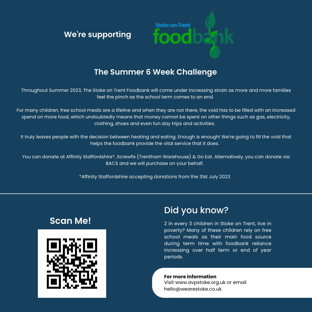 The Summer 6 Week Challenge is still ongoing and we’re collecting your donations for <a href="/OnFoodbank/">Stoke-on-Trent Foodbank</a>

You can continue to donate via <a href="/affinitystaffs/">Affinity Outlet Staffordshire</a>, Wincanton <a href="/Screwfix/">Screwfix</a> &amp; Go Eat Longton.