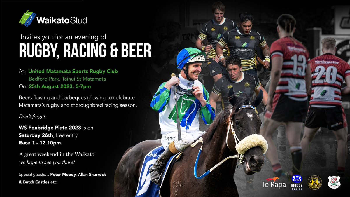 A great weekend in the Waikato kicks off on Friday 25th August with <a href="/WaikatoStud/">Waikato Stud</a> celebrating Matamata’s rugby and thoroughbred season, with special guests including Peter Moody.

Tickets to Waikato Stud Foxbridge Plate day in the Lodge Lounge the following day are on sale now
