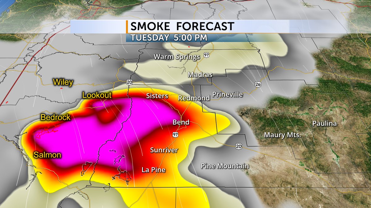 CentralOregonWX's tweet photo. The #LookoutFire has grown to 2,000+ acres & is visible from cameras in the #AlertWildfire network. More smoke from the Lookout & Bedrock is expected. This is along with heat & fire related weather alerts. Join us tonight on @CODaily for your most reliable forecast. https://t.co/f5MnS4QjA2