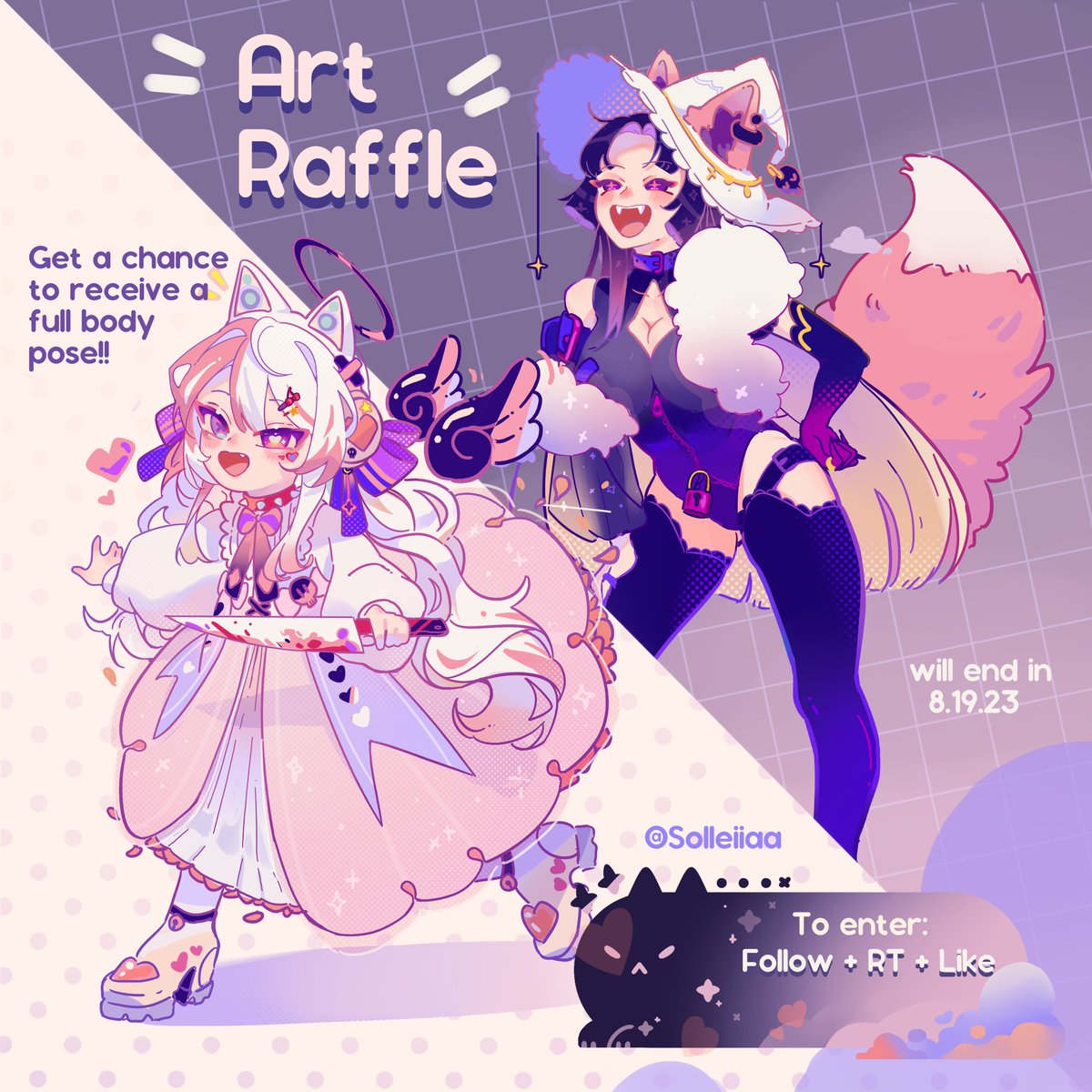 ✨Haiyaa everyone!!! Im launching an art raffle after so loong!! (｡･∀･)ﾉﾞ💖. Open for everyone!! Drop down your character in the comments for more love! will be choosing 2 grand winners! Follow+RT+Like to enter! Excited to see everyone!! #artmoots #Vtuber #artraffle