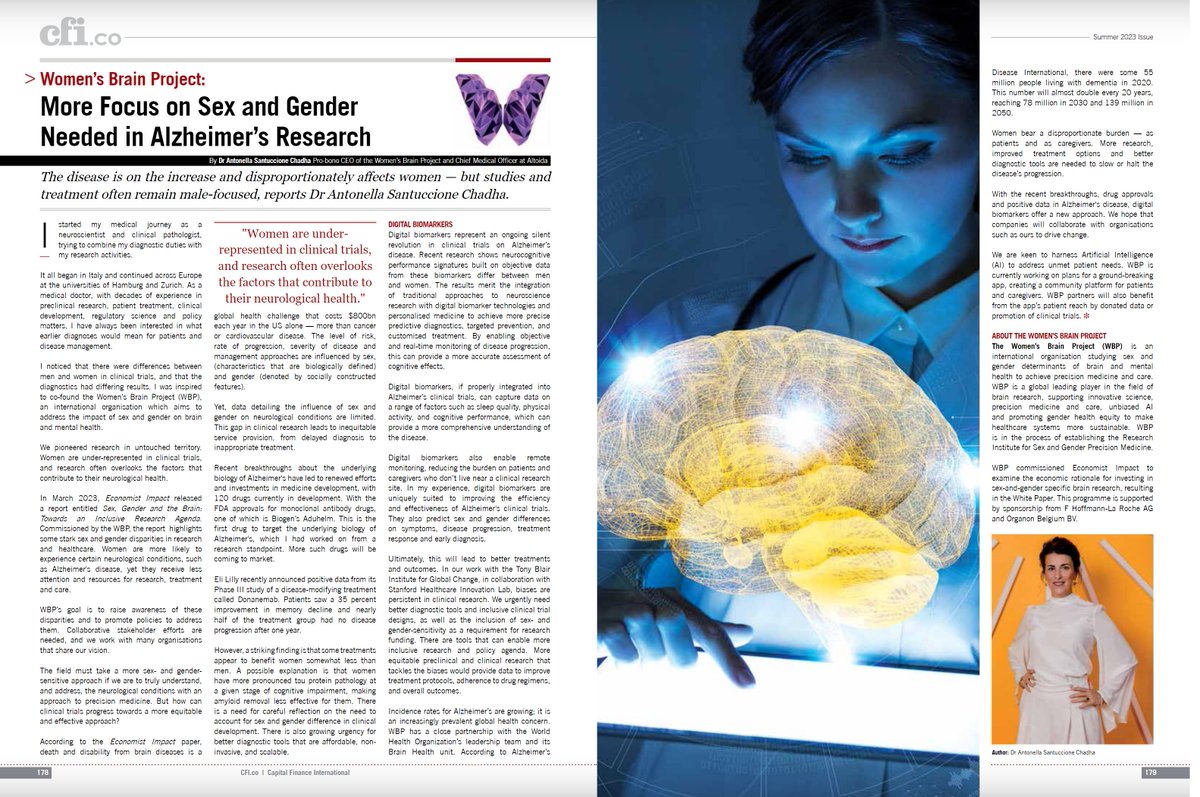 We're honoured to have been featured in the Summer 2023 issue of <a href="/CFIMagazine/">CFI.co</a> calling for more focus on #SexAndGender needed in #AlzheimersResearch: 

buff.ly/47zNXAG

1/3
#WomensBrainProject #Alzheimers #AlzheimersDisease #BrainHealthAwareness #AlzheimersAwareness