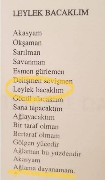 Herkese günaydın
Maarem inceden başka bir şiir
Acaba leylek bacaklı diye kime yazmış skaskaska