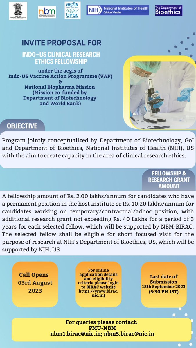 @BIRAC_2012 inviting proposal under #Nationalbiopharmamission for Indo-US clinical research ethics fellowship.
Great opportunity to avail this fellowship and become leaders in the field of Clinical Research Ethics!

Last date of submission: 18th September 2023, 5:30 pm