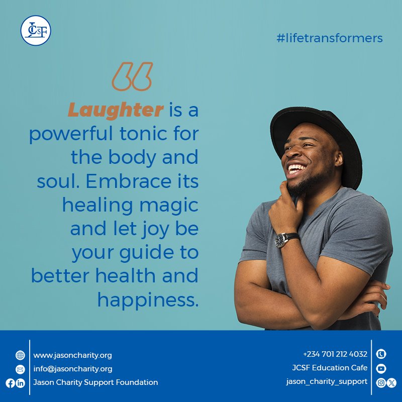 JCSF_charity's tweet photo. Laughter is a stress reliever. It costs nothing to laugh and be joyful. It takes 26 muscles to smile and 62 muscles to frown. Avoid wrinkles, smile today.
@GatesAfrica @macfound @macfound @UN @UNESCO @UNICEF
#LifeTransformers #smile https://t.co/rMDFUmLwUF