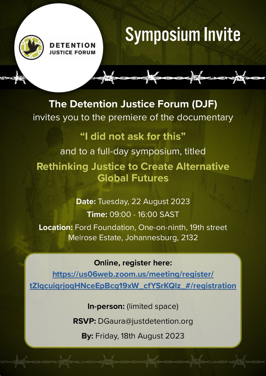 JustDetentionSA's tweet photo. The @DetentionJForum invites you to the premiere of the documentary "I Did Not Ask For This" &amp; to a full day symposium titled "Rethinking Justice to Create Alternative Global Futures. Follow the link to register &amp; to attend virtually. https://t.co/fkhZhCGgza
#Justice #humanrights https://t.co/ygRsoIoKiM