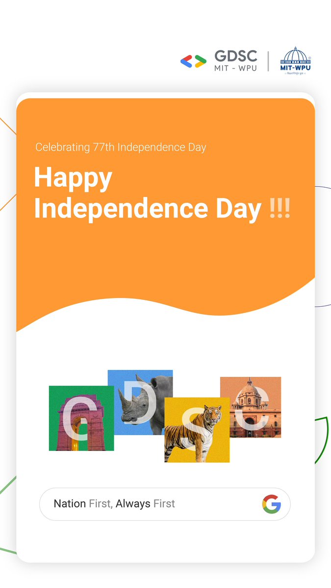 gdgmitwpu's tweet photo. GDSC MITWPU wishes you all a very Happy Independence Day ๐ฎ๐ณ๐ฎ๐ณ
#india #15august #freedom #tiranga #jaihind
#tweetTech #gdscbird #techbird #gdscontwitter
#twitterForGeeks #techminds #techTweleb #techtales #techtrends https://t.co/N92HUPc6r1