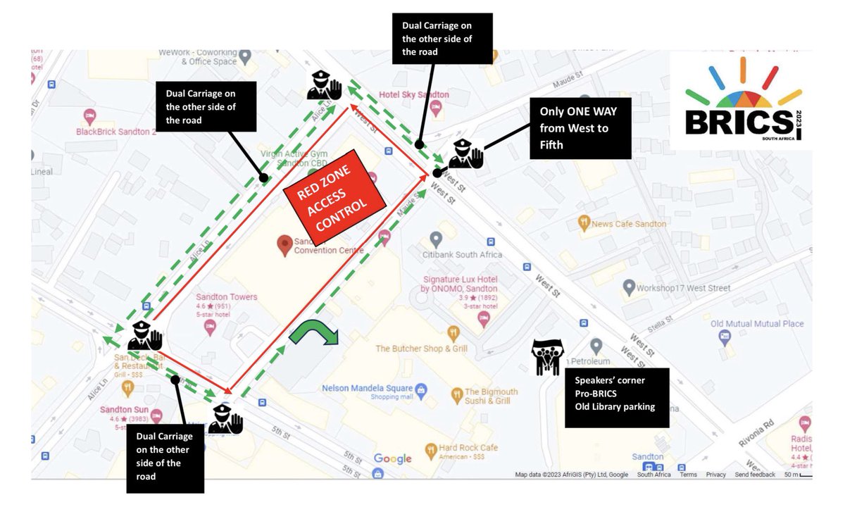 #RoadClosures for @BRICSza 2023. 

Please be aware of roads in and around Sandton CBD that will be closed for the #BRICSSummit2023. 

Delegates will be traveling between #LanseriaAirport / #Midrand #Waterfall and #Sandton. Please adjust your travel time accordingly.