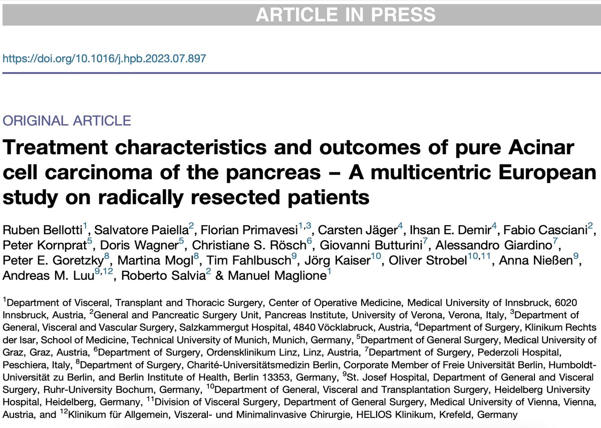 📣Out now! Resected pure ACC of the pancreas, a multicenter European effort; some features (n=59): - 🎾Big (45 mm) - ♐️ Expansive, non infiltrative - 🔪Aggressive surgery 💪 - 📉 5-yr OS 60.9% @hpbjournal @EAHPBA @IHPBA @PancreasVerona @OliverStrobel @FPrimavesi #ManuelMaglione