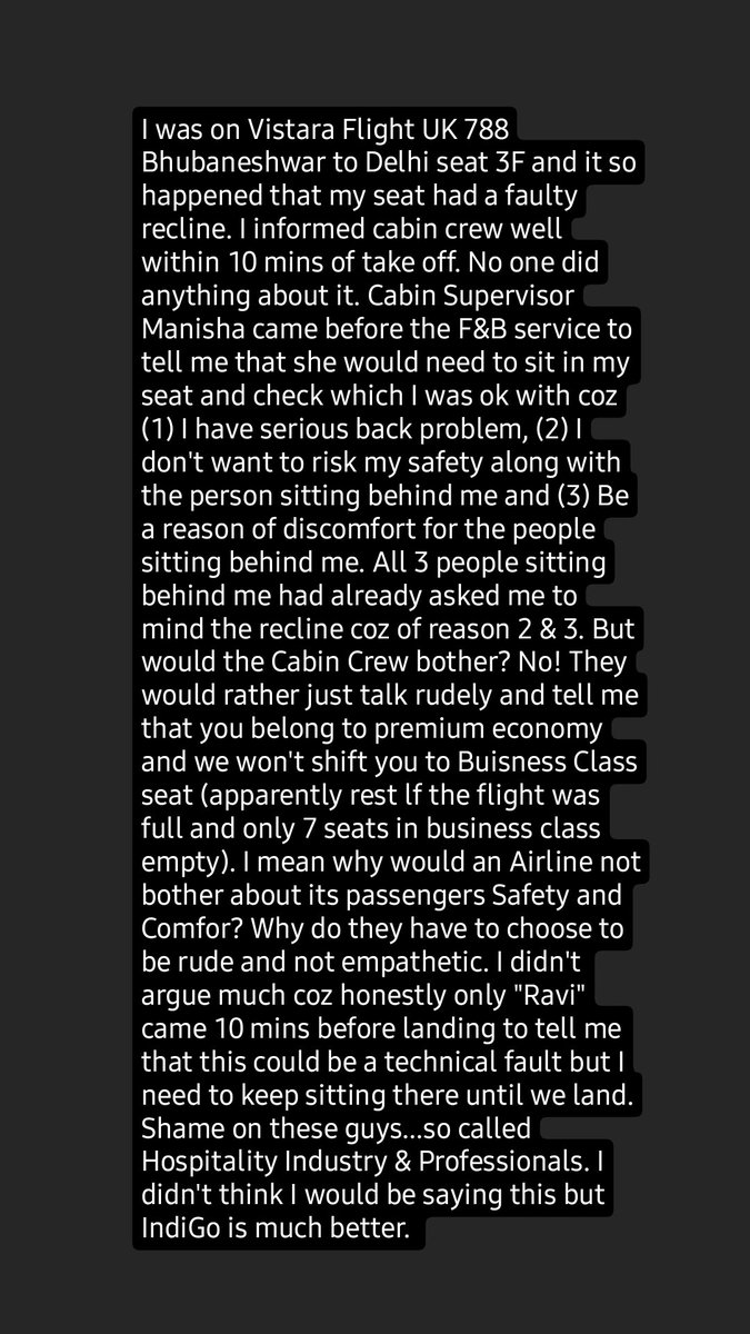 shalooamar's tweet photo. Beware! @airvistara Would Happily Compromises on SAFETY and COMFORT of its Passengers but give you a better seat. Horrible experience! Rude Crew! 

Full story in image below. @airvistara I thought you are best out there but as it turns out you are not! https://t.co/RFItWFCQ6O