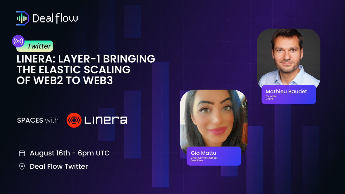 dealflowpodcast's tweet photo. Linera: Layer-1, bringing the elastic scaling of #web2 to #web3

⌛The countdown is on for our LIVE #TwitterSpace!
📅 August 16th - 6pm UTC

Discuss the hot topic with @linera_io

Get a reminder here📌
https://t.co/ROvnLCA0ne https://t.co/8Zd5nzGKSB