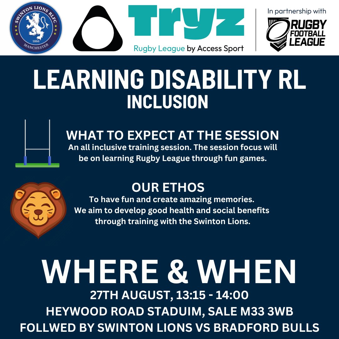 We are working with <a href="/Swinton_Lions/">Swinton Lions RLFC</a> to deliver free inclusive rugby league sessions. Please follow the link to sign up forms.gle/xQtHD56FaZQ4SD…
<a href="/TraffordCouncil/">Trafford Council</a> <a href="/TraffordFIS/">Trafford FIS</a> <a href="/TraffordSENDIAS/">Trafford SENDIASS</a> <a href="/ConnexionsTraff/">Trafford Youth Engagement Service</a> <a href="/promotetrafford/">Promoting Trafford</a> <a href="/OneTrafford/">One Trafford</a> <a href="/TraffordPagesUK/">TraffordPagesUK 🇪🇺🇺🇦</a> @GMMoving <a href="/MU_Foundation/">Manchester United Foundation</a>