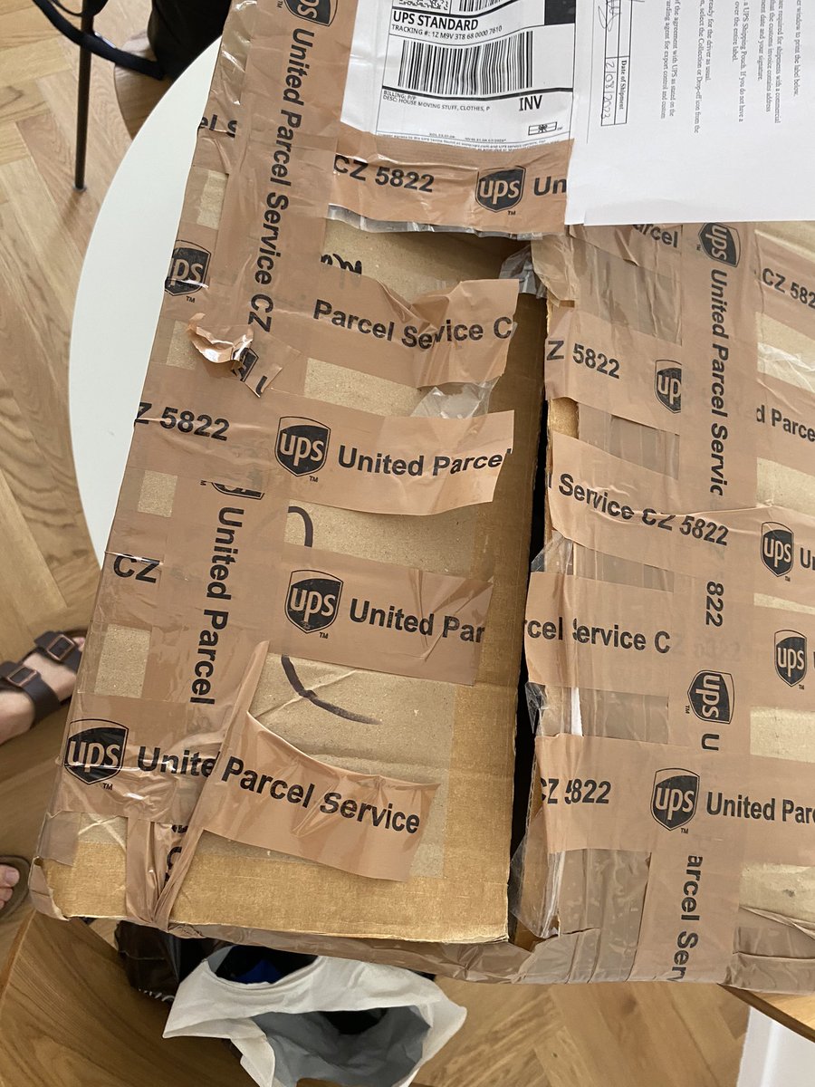 umney's tweet photo. @UPS nice one, got 4 boxes of personal belongings coming over from UK and the 1st one has arrived damaged and missing half of its contents. Can’t wait to see how the remaining 3 arrive 😐 how do we get our missing stuff back? https://t.co/a5L0oh9ggC
