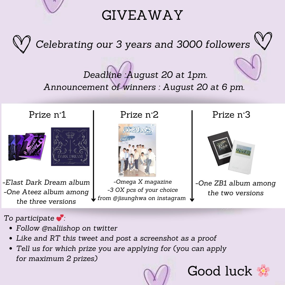 🌸 GIVEAWAY

Bonne chance et encore merci pour tout 🌸
Good luck and thank you for everything 🌸

- Nali Shop