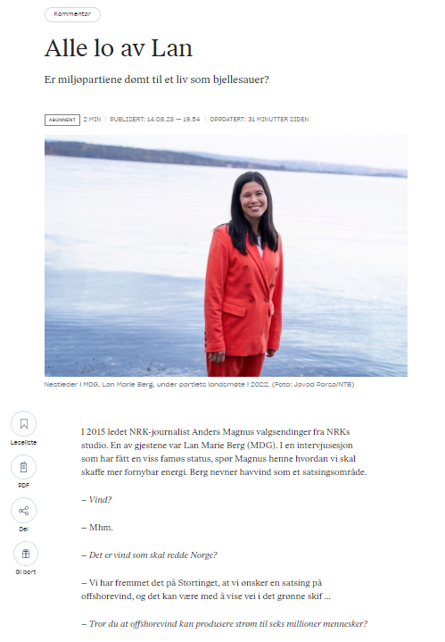 Havvind, kjøttkutt, sykling, miljøvern, sirkulærøkonomi... MDG har blitt latterliggjort for så mye av politikken sin, bare for å se andre partier adoptere den noen år senere. Miljøpartiene er bjellesauer, men får ikke betalt i stemmer. Kommentar her:
dn.no/kommentar/alle…
