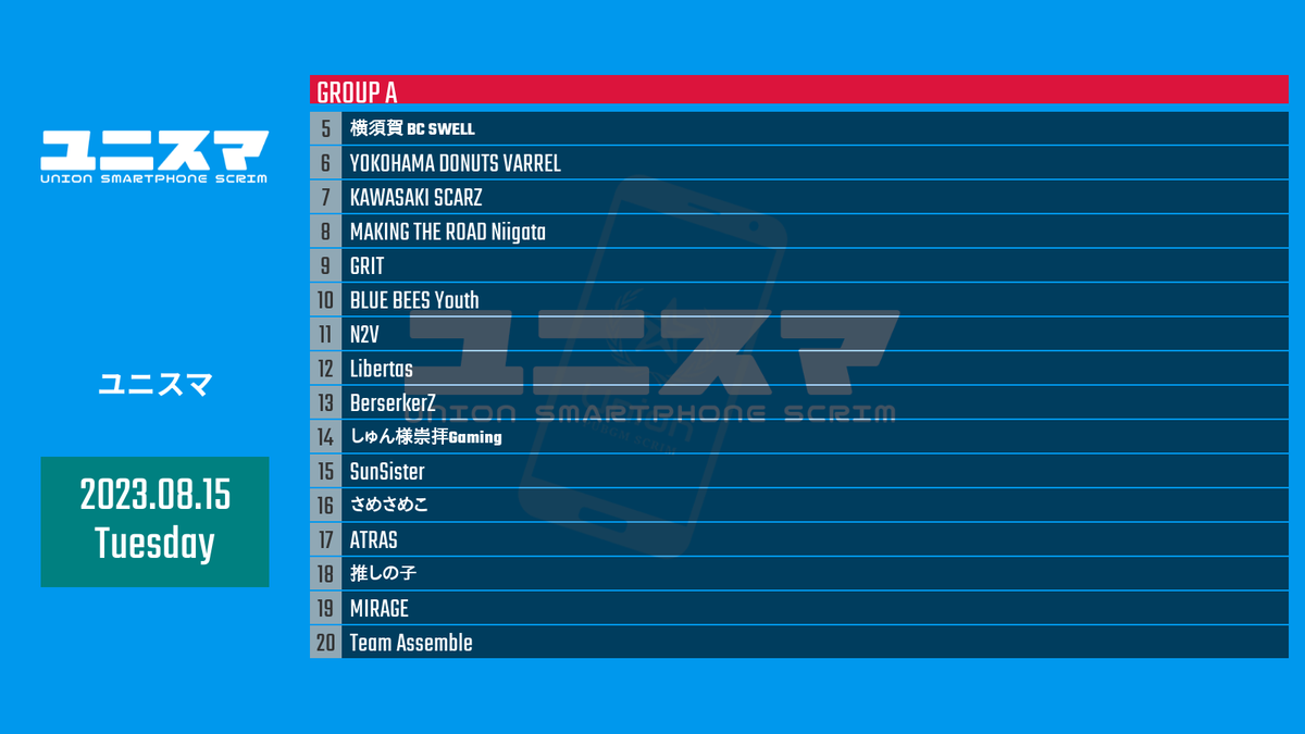 PubgmUnisma's tweet photo. 2023.8.15 (Tue.) 
ユニスマ スクリム ROSTER

本日もご参加ありがとうございます！

#ユニスマ
#スマホ限定
#スクリム
#PUBGMOBILE https://t.co/Fd99DPyymf