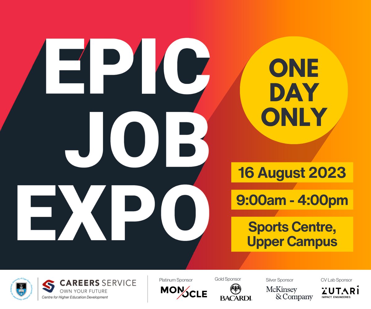 There are over 3400 opportunities on offer at the Epic Job Expo, ranging from bursaries and internships to
graduate programmes and full-time jobs! Join us TOMORROW 16 August 2023 from 9am - 4pm at the Sports Centre on Upper Campus. - mycareer.uct.ac.za/students/event…