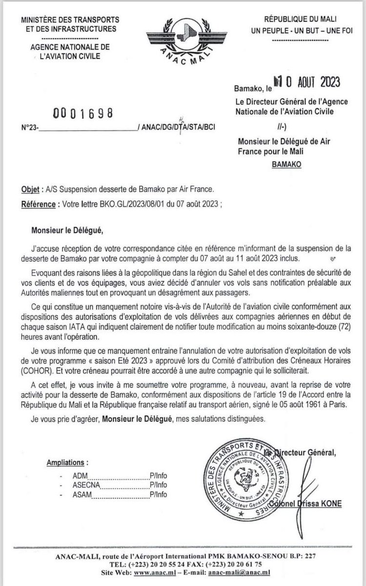 La compagnie Air France prise à son propre jeu au Mali 🇲🇱 : le suspendant désormais suspendu, du fait même de son auto -suspension . Le Sahel ne se laisse plus maltraiter. Les anciens monopoles seront redistribués aux partenaires respectueux de la dignité humaine africaine.