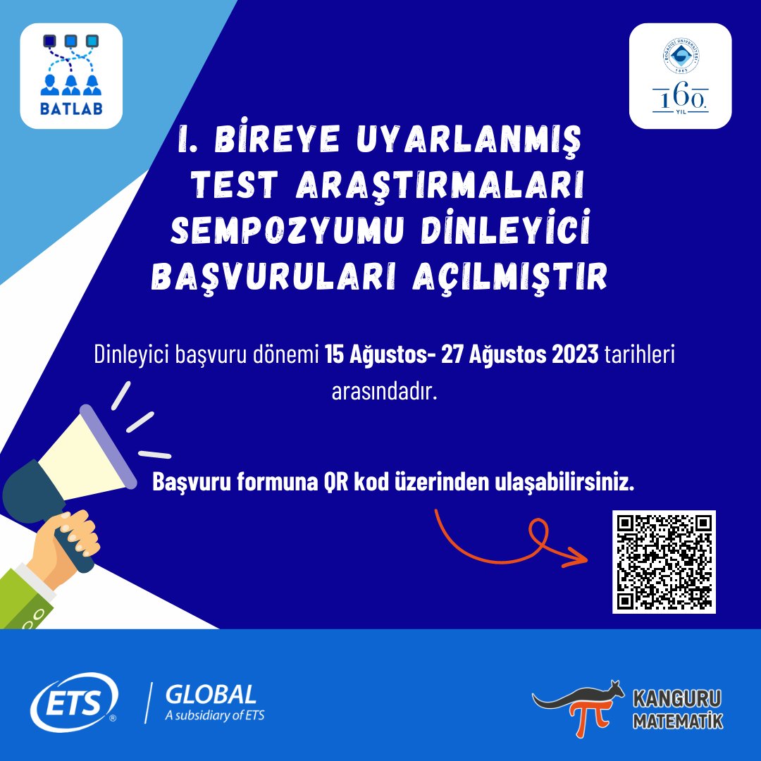 I. Bireye Uyarlanmış Test Araştırmaları Ulusal Sempozyumu’na dinleyici başvuruları açılmıştır. Başvuru dönemi 15 Ağustos- 27 Ağustos 2023 tarihleri arasındadır. Başvuru formuna QR kod üzerinden veya docs.google.com/forms/d/e/1FAI… adresinden ulaşabilirsiniz.
