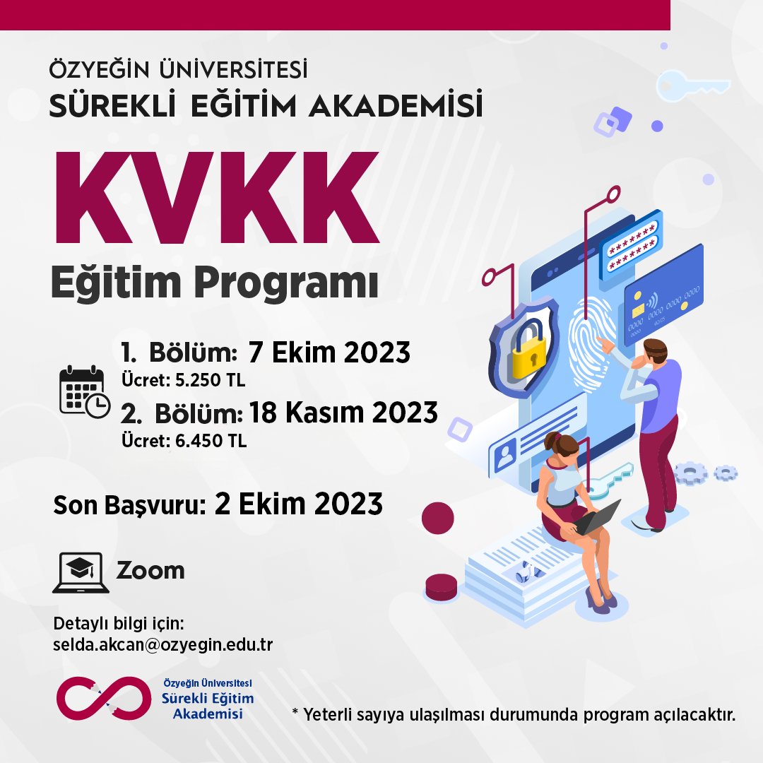 KVKK konusunda teorik ve pratik bilgi sahibi olmanın yanı sıra bu konuda yetkinliğe sahip olmak istiyorsanız sizleri 7 Ekim 2023 tarihinde açılacak yeni sınıfımıza davet ediyoruz. 

Son başvuru tarihi: 2 Ekim 2023 

Program ve başvuru: sea.ozyegin.edu.tr/tr/kvkk-egitim…

#kvkk