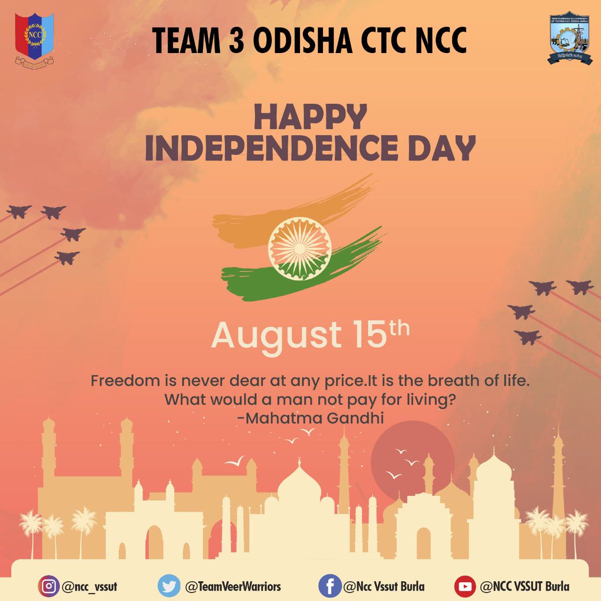 veerwarriors's tweet photo. On this auspicious occasion of 77th independence day, Team 3(O) CTC NCC wishes everyone a Happy Independence Day and urges everyone to unite for the diverse heritage of our nation.
@HQ_DG_NCC @PMOIndia @DefenceMinIndia @95aceaviator @hirakudwarrior https://t.co/im2Trc7Dgr